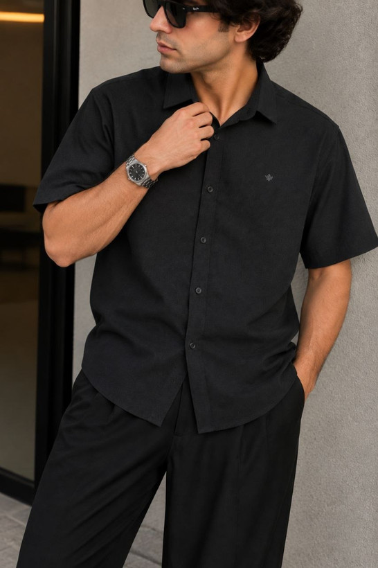 پیراهن مردانه آستین کوتاه لنی رنگ مشکی-اقساط 4 ماهه